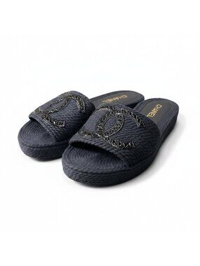 Chanel Cruise Line CC Logo Flat Sandals 39 Black